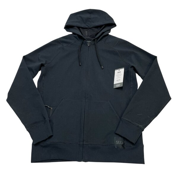 Saxx Hoodie Mens S Black Down Time Fleece Full Zip Moisture Wick Security Pocket - Picture 1 of 10